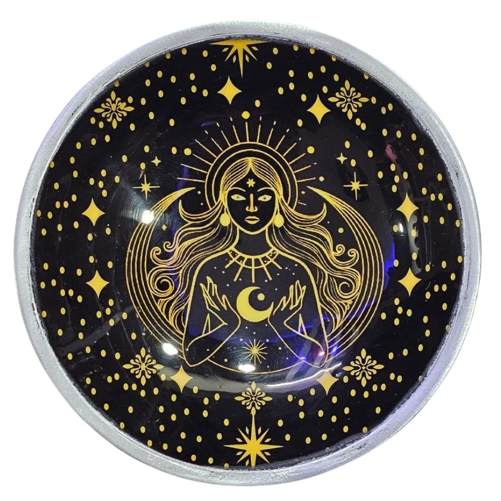 Enamelled Offering Plate - Gold Goddess On Black