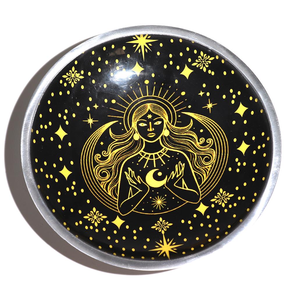 Enamelled Offering Plate - Gold Goddess On Black