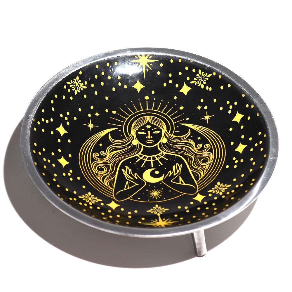 Enamelled Offering Plate - Gold Goddess On Black