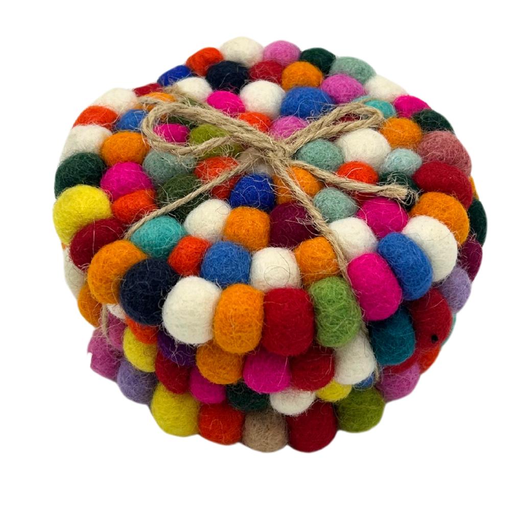 Felt Ball Round Coasters - 10cm Multi colour (set of 4)