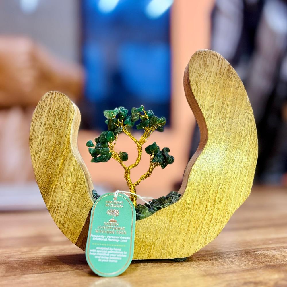 Green Aventurine Gemstone Tree Garden in Mango Wood Open Ring - 60 Stones