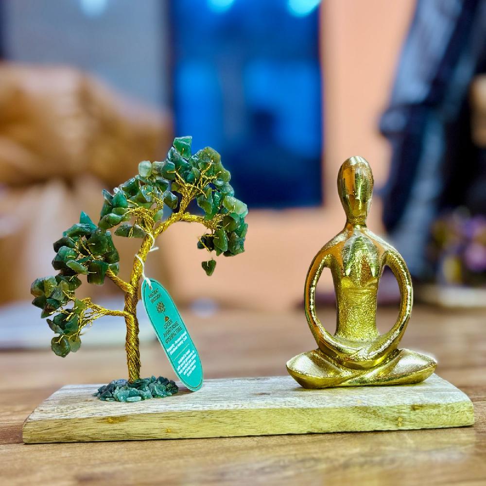 Green Aventurine Gemstone Yoga Garden Tilted Tree - Padmasana Pose - 100 Stones
