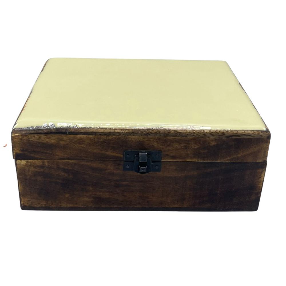Large Ceramic Glazed Wood Box - 20x15x7.5cm - Yellow