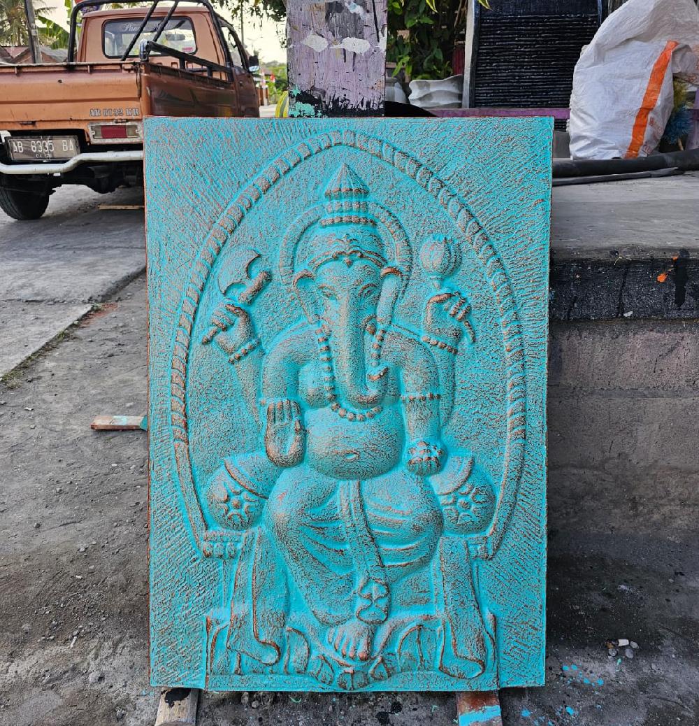 Large Ganpati Frame Turquoise Relief - 0.7x1m