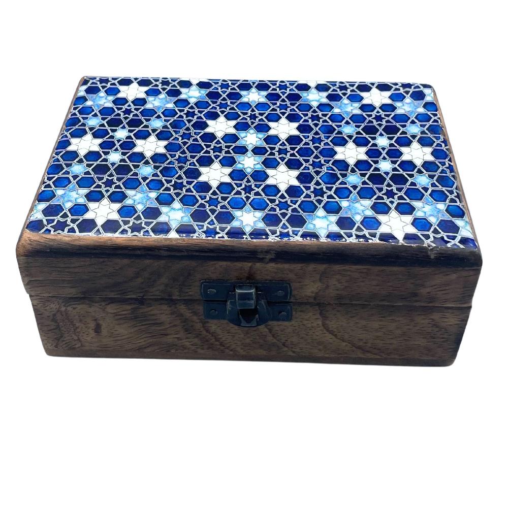 Medium Ceramic Glazed Wood Box - 15x10x6cm - Blue Stars