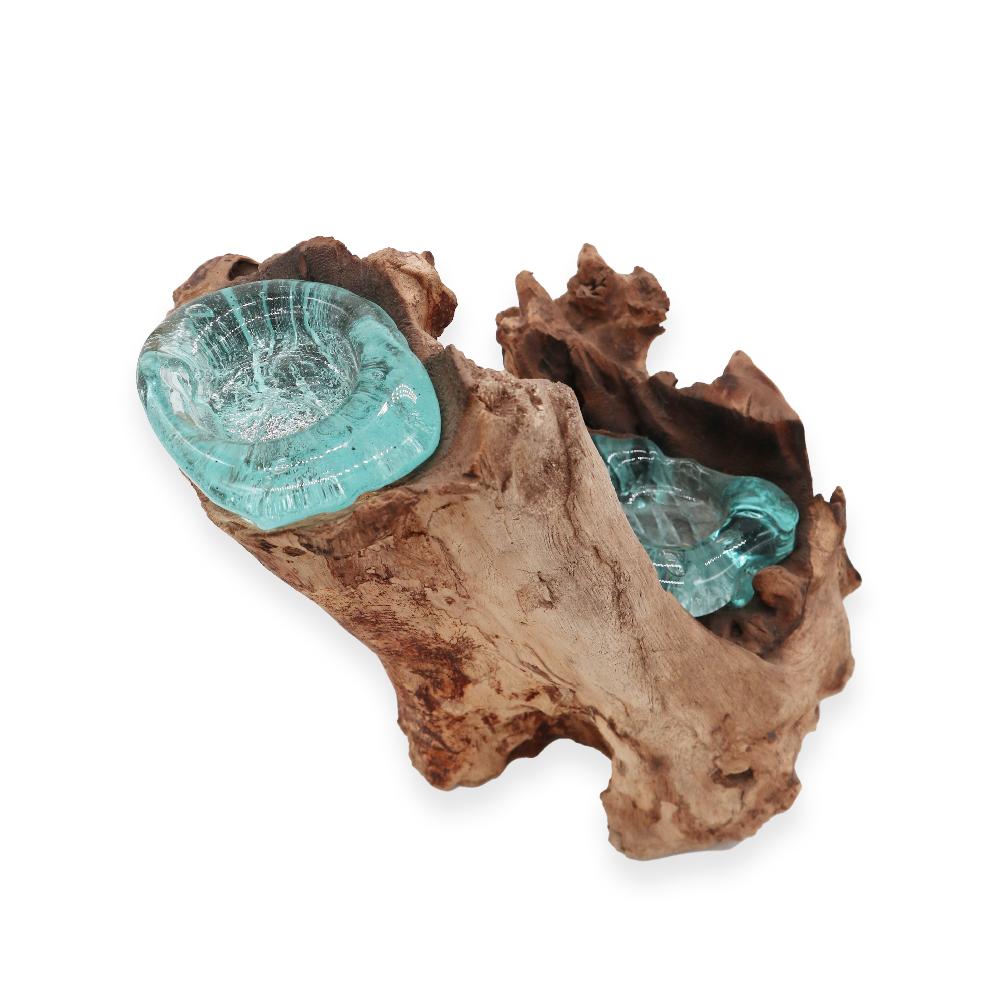 Molten Glass Candle Double Holder On Wood
