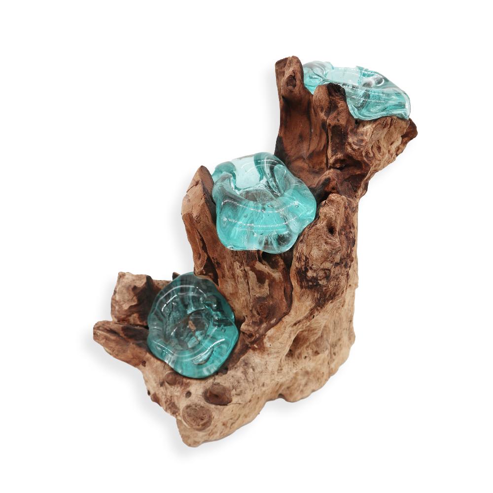 Molten Glass Triple Candle Holder On Wood