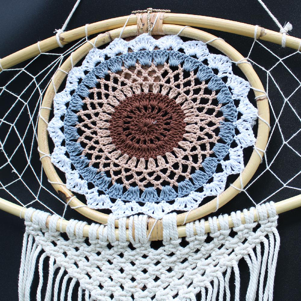Protection Dream Catcher - Lrg Macrame Evil Eye White/ Grey/Brown