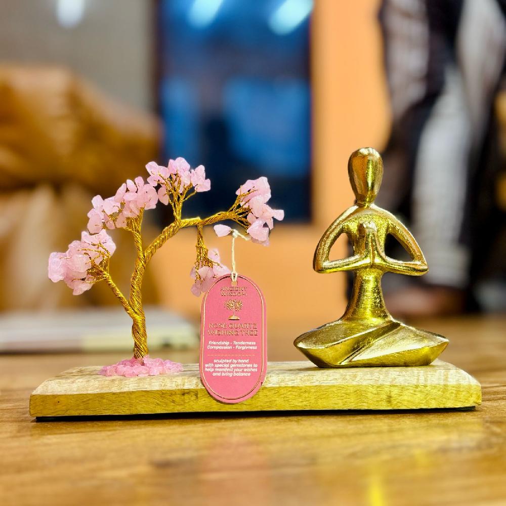 Roze Quartz Gemstone Yoga Garden Tilted Tree - Namaste Pose - 100 Stones