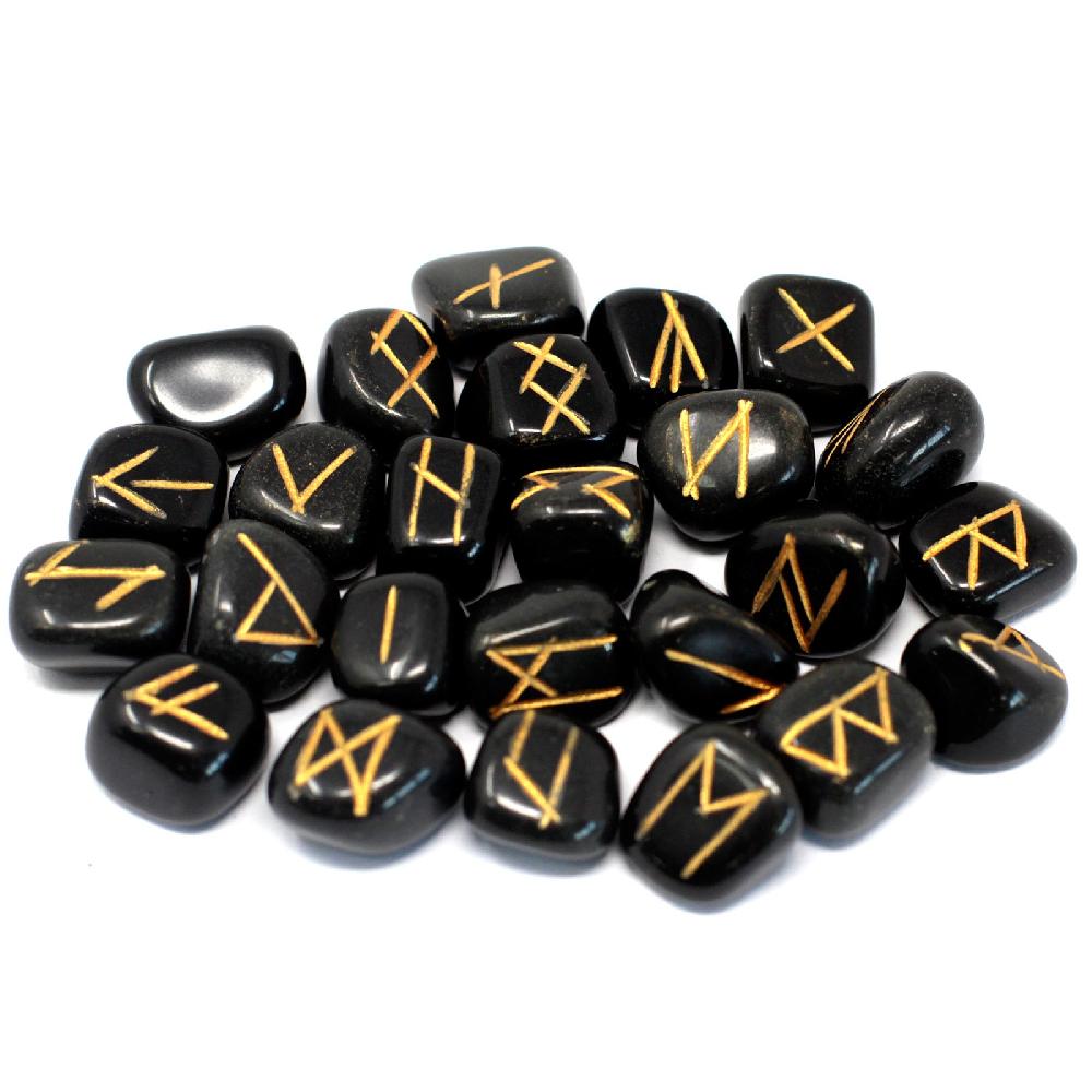 Runes Stone Set In Pouch - Black Agate