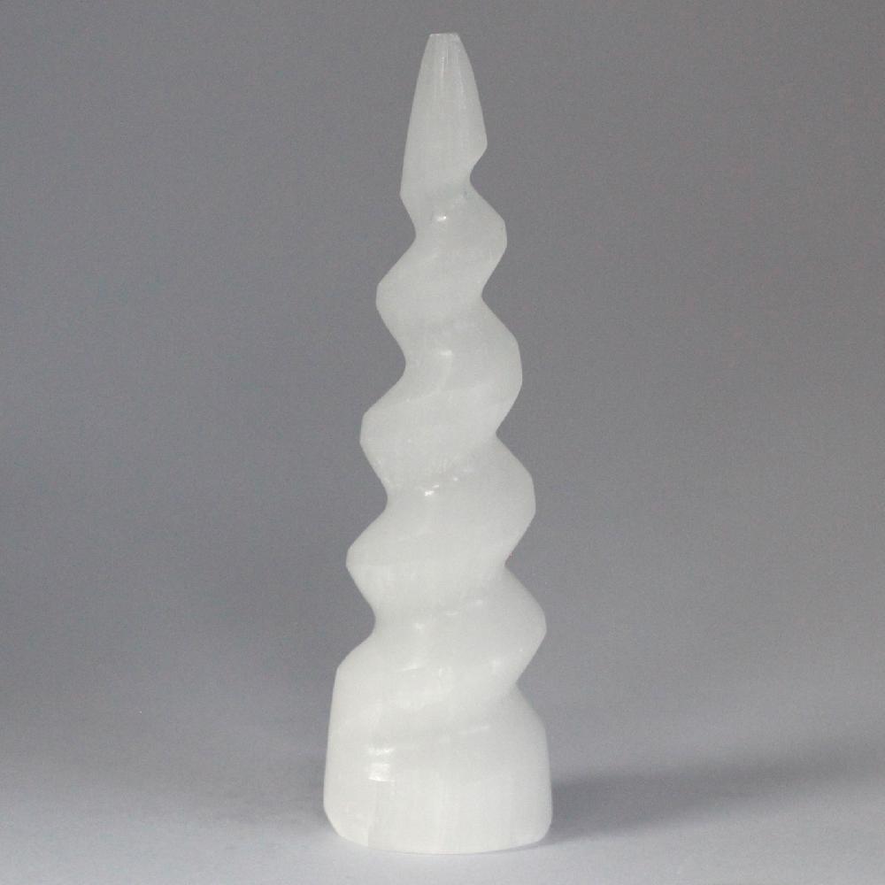 Selenite Spiral Unicorn Horn Tower - 15 Cm