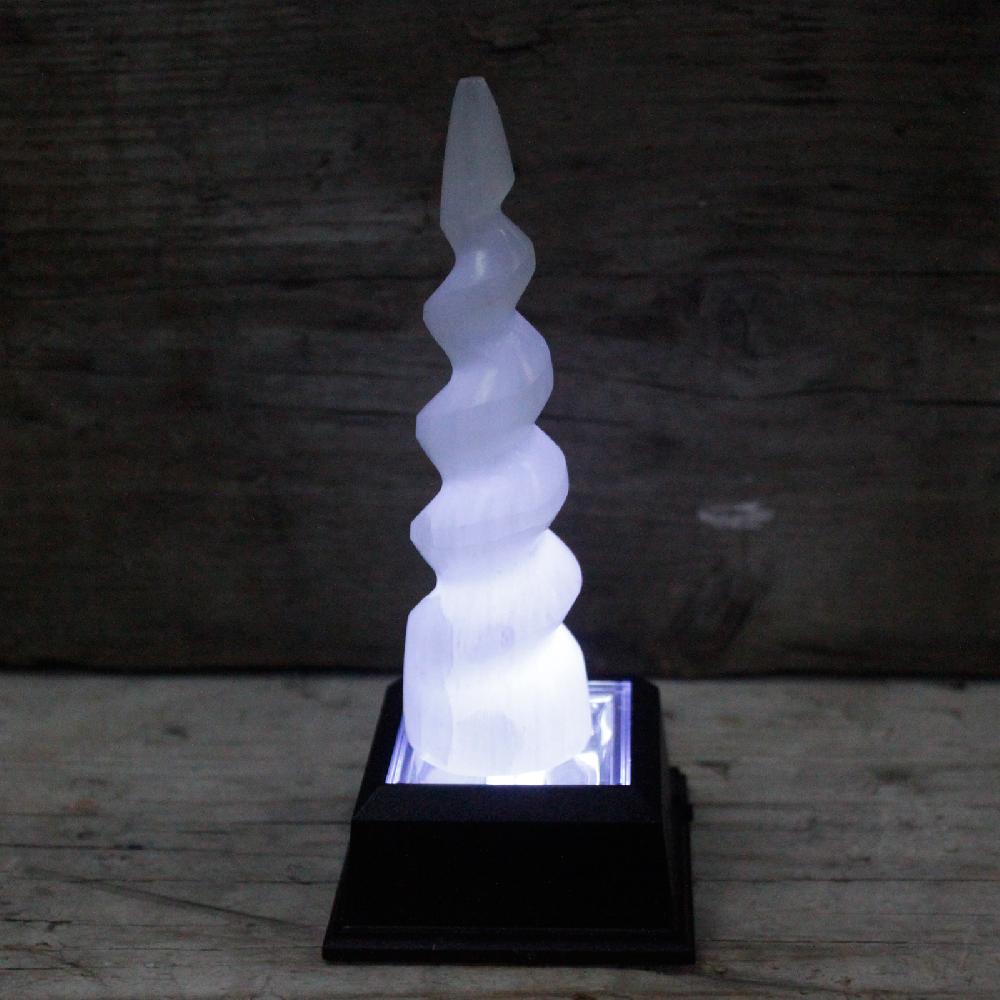 Selenite Spiral Unicorn Horn Tower - 15 Cm