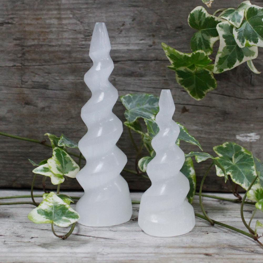 Selenite Spiral Unicorn Horn Tower - 15 Cm