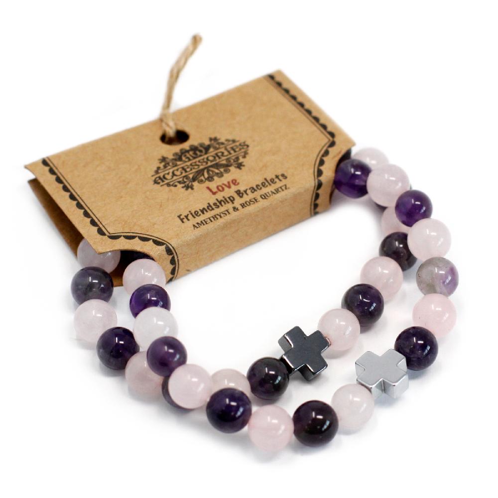 Set Of 2 Gemstones Friendship Bracelets - Love - Amethyst & Rose Quartz
