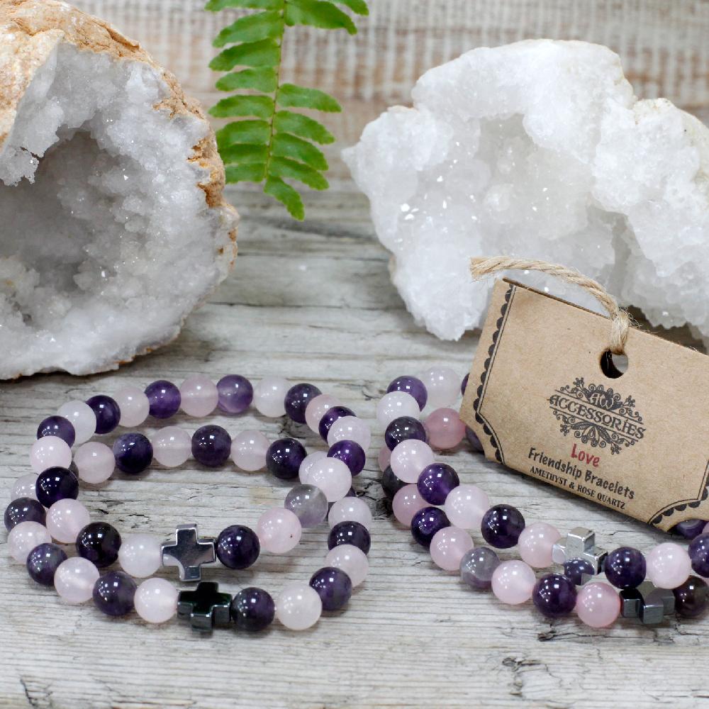 Set Of 2 Gemstones Friendship Bracelets - Love - Amethyst & Rose Quartz