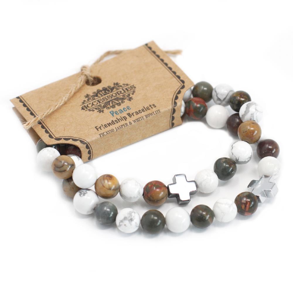 Set Of 2 Gemstones Friendship Bracelets - Peace - Picasso Jasper & White Howlite