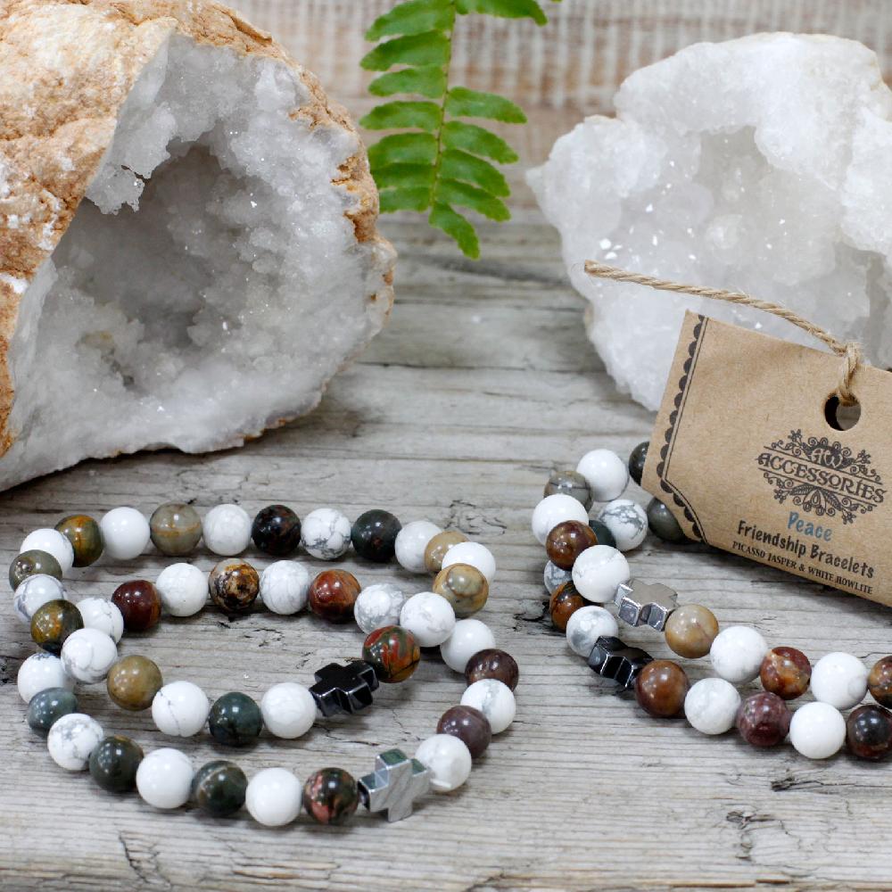 Set Of 2 Gemstones Friendship Bracelets - Peace - Picasso Jasper & White Howlite