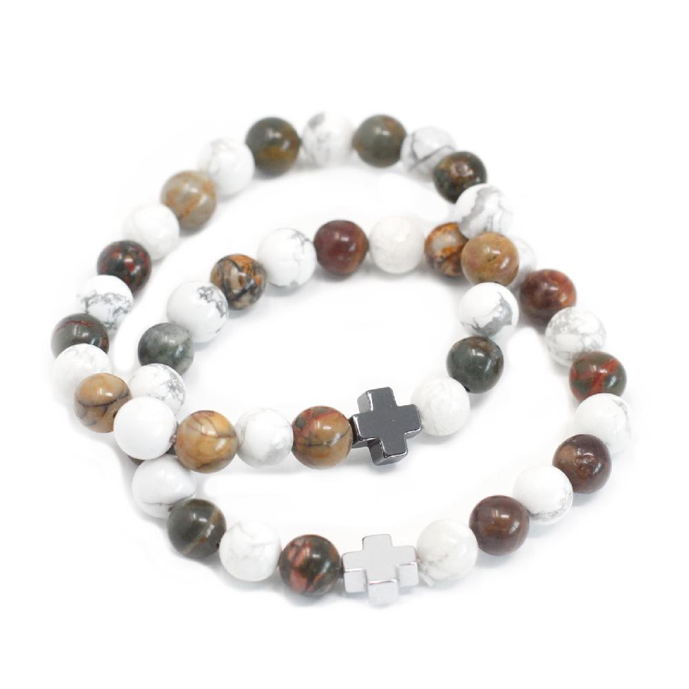 Set of 2 Gemstones Friendship Bracelets - Peace - Picasso Jasper & White Howlite