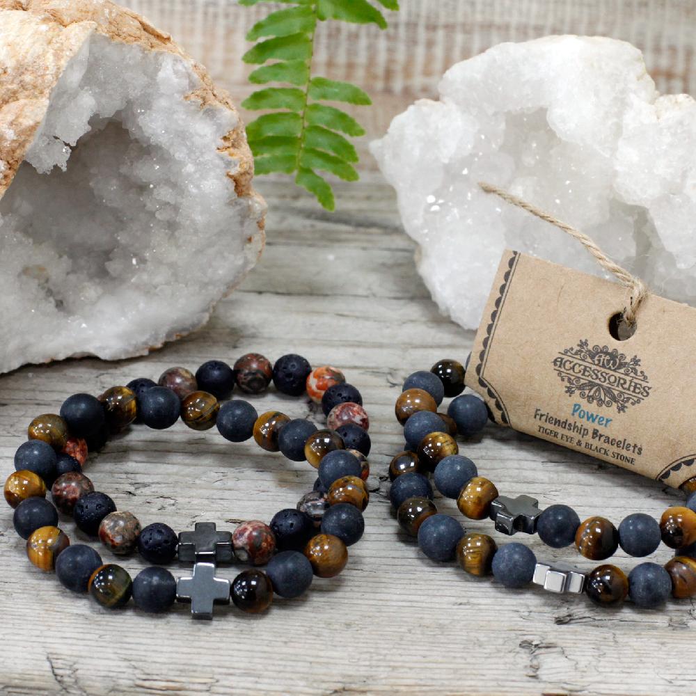 Set Of 2 Gemstones Friendship Bracelets - Power - Tiger Eye & Black Stone