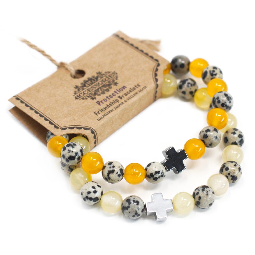 Set Of 2 Gemstones Friendship Bracelets - Protection - Dalmatian Jasper & Yellow Agate