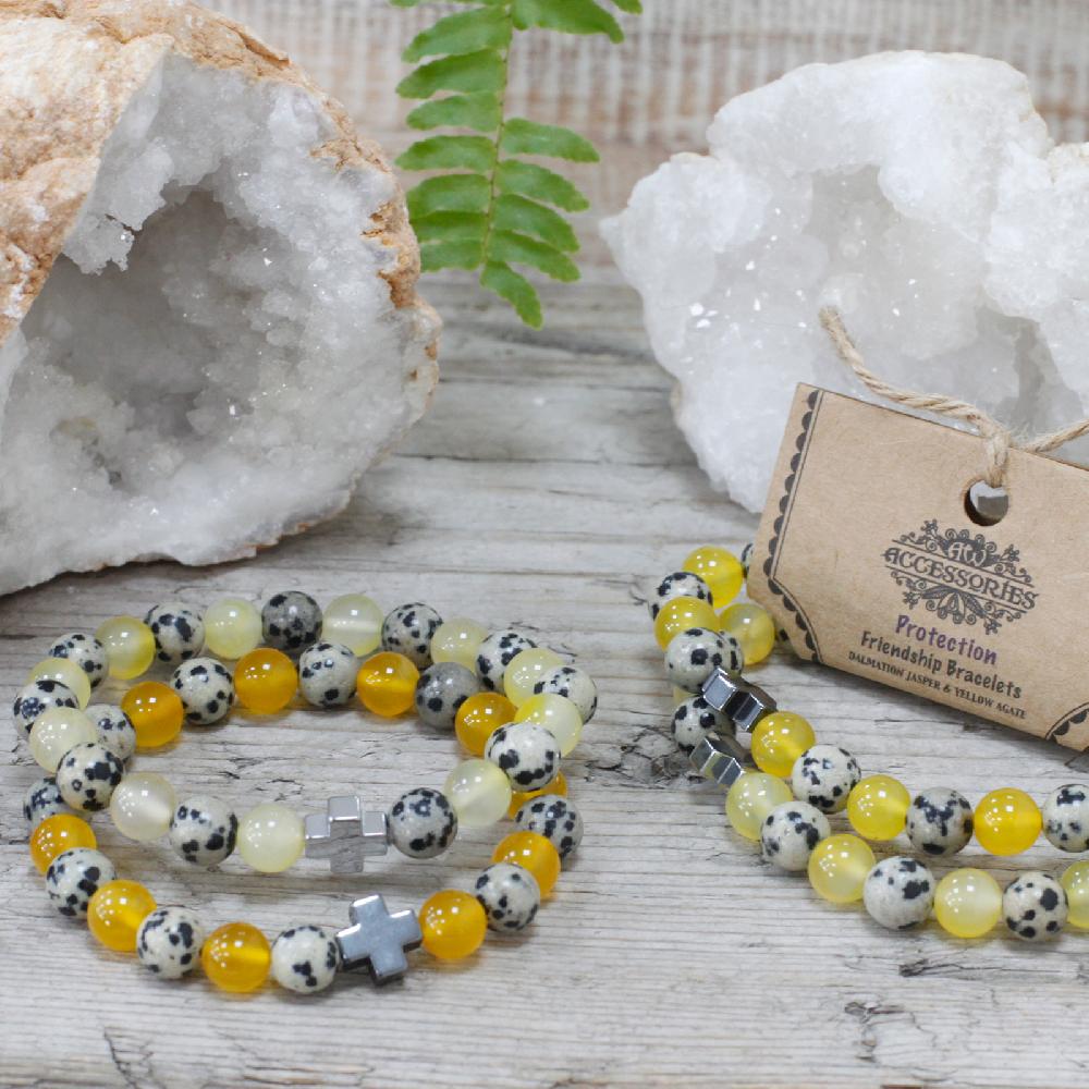 Set Of 2 Gemstones Friendship Bracelets - Protection - Dalmatian Jasper & Yellow Agate