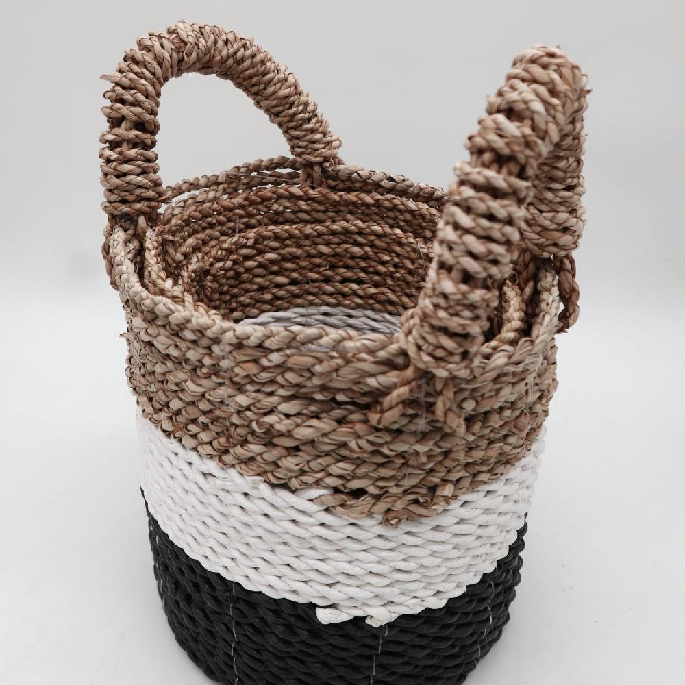 Set Of 3 Seagrass Basket Set - Dark Grey / White / Natural