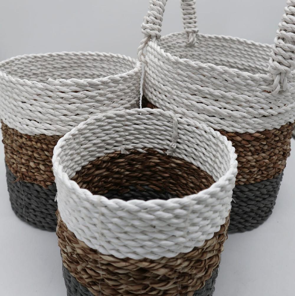 Set Of 3 Seagrass Basket Set - Grey / Natural / White