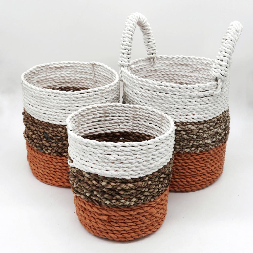 Set of 3 Seagrass Basket Set - Orange / Natural / White
