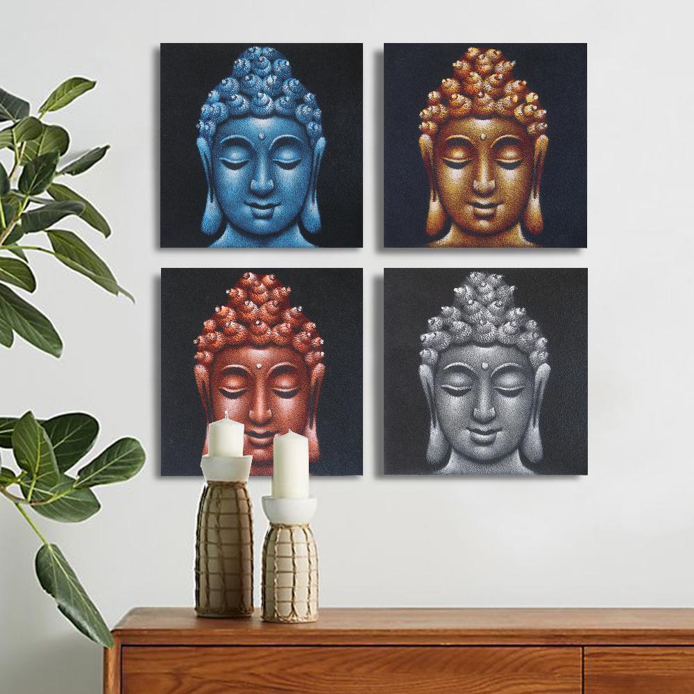 Set Of 4 Buddha Heads Sand Detail 40x40cm