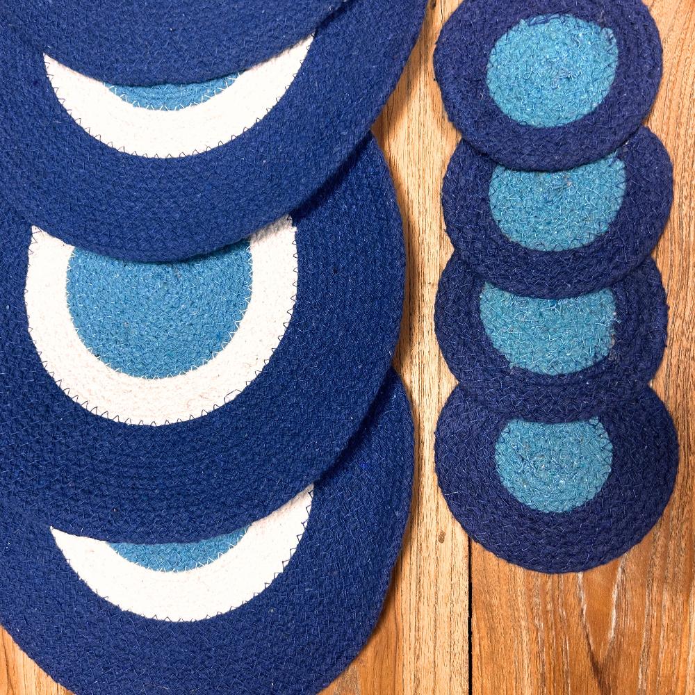 Set Of Evil Eye Jute Rope Coasters & Mats (4 Of Each)
