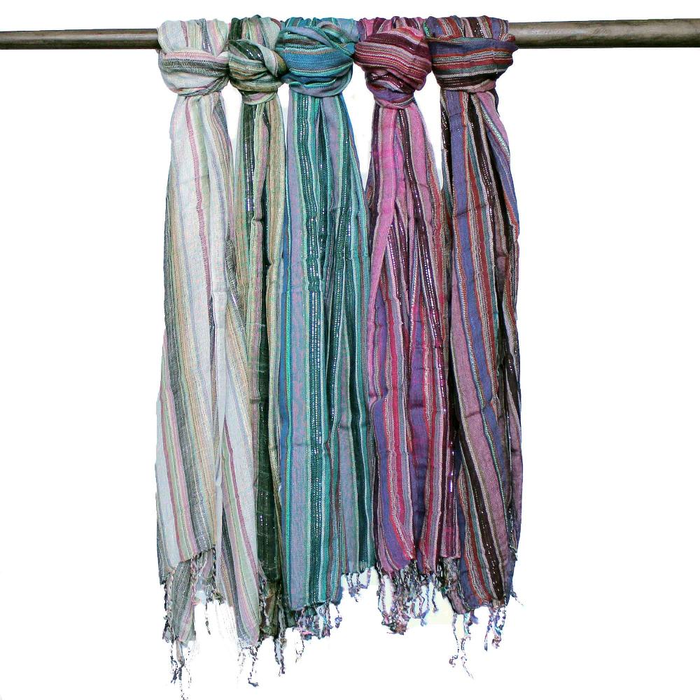10x Indian Boho Scarves - 56x183cm - Random Colours With Gold Thread
