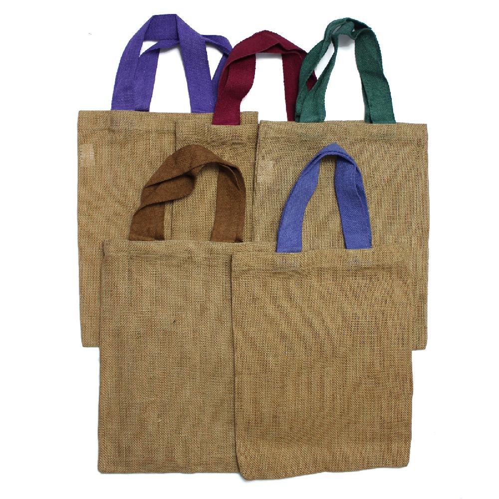 10x Jute Tote Bag - 5 Assorted Colour Handles