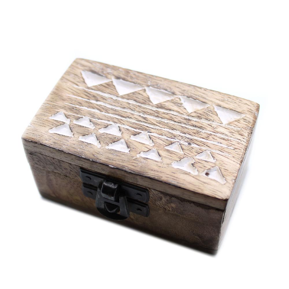 10x White Washed Wooden Box - 3x1.5 Pill Box Aztec Design
