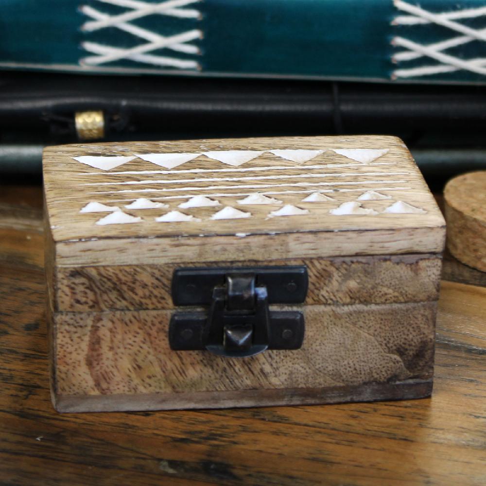 10x White Washed Wooden Box - 3x1.5 Pill Box Aztec Design