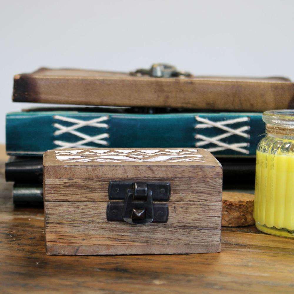 10x White Washed Wooden Box - 3x1.5 Pill Box Aztec Design