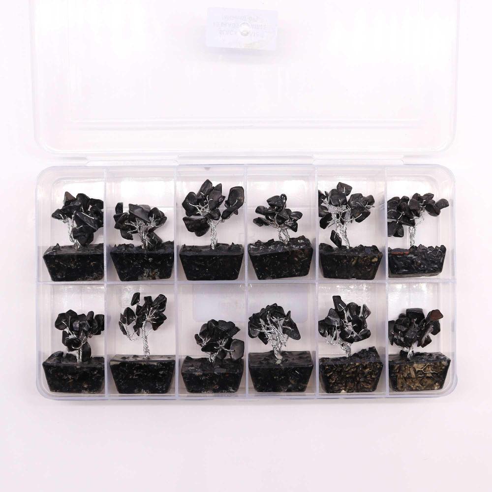 12x Mini Gemstone Trees On Orgonite Base - Black Agate (15 Stones)
