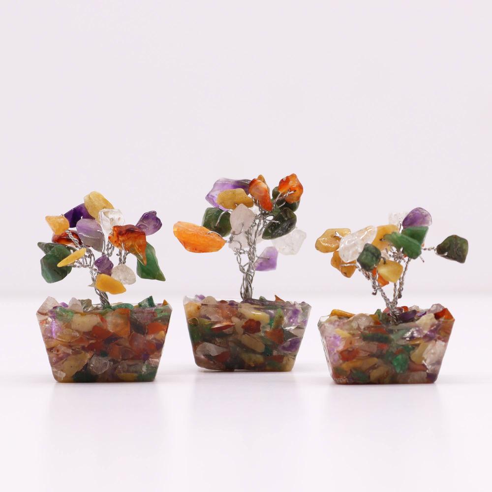 12x Mini Gemstone Trees On Orgonite Base - Multi Stones (15 Stones)