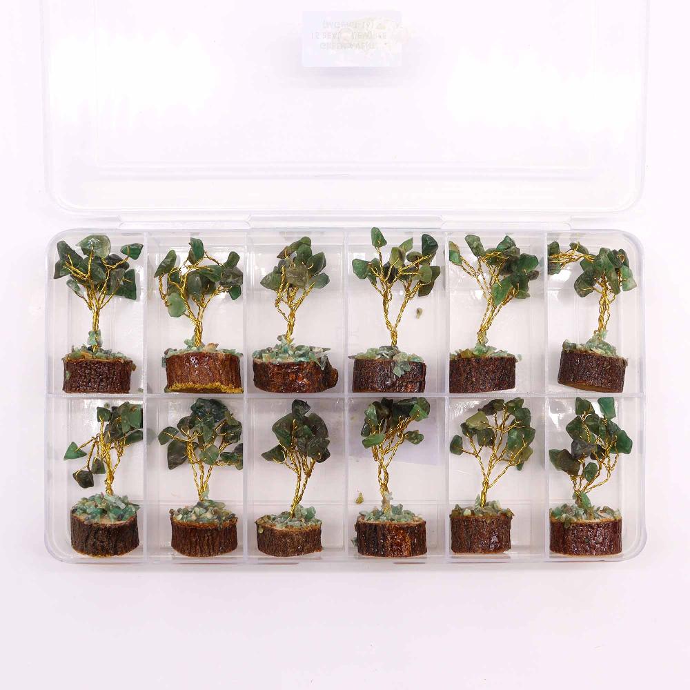 12x Mini Gemstone Trees On Wood Base - Green Aventurine (15 Stones)