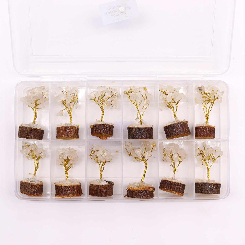 12x Mini Gemstone Trees On Wood Base - Rock Quartz (15 Stones)
