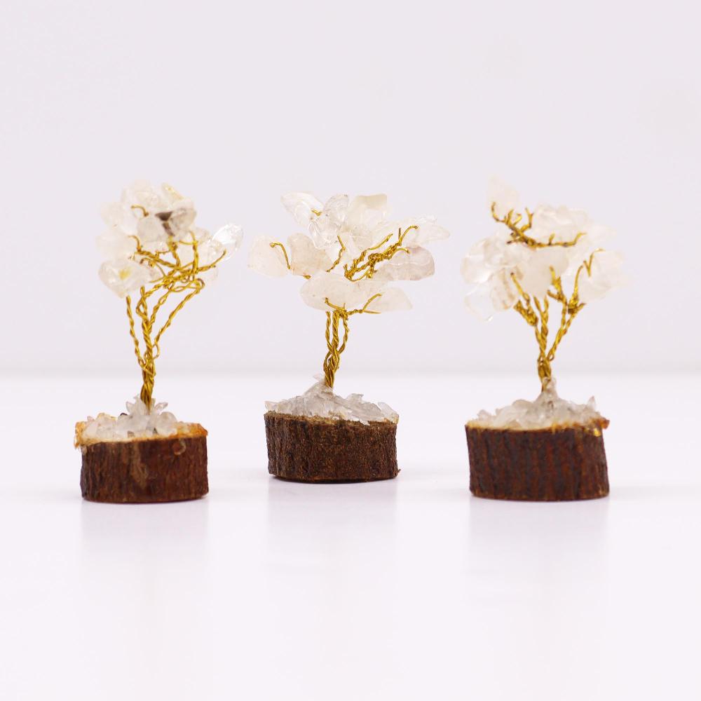 12x Mini Gemstone Trees On Wood Base - Rock Quartz (15 Stones)