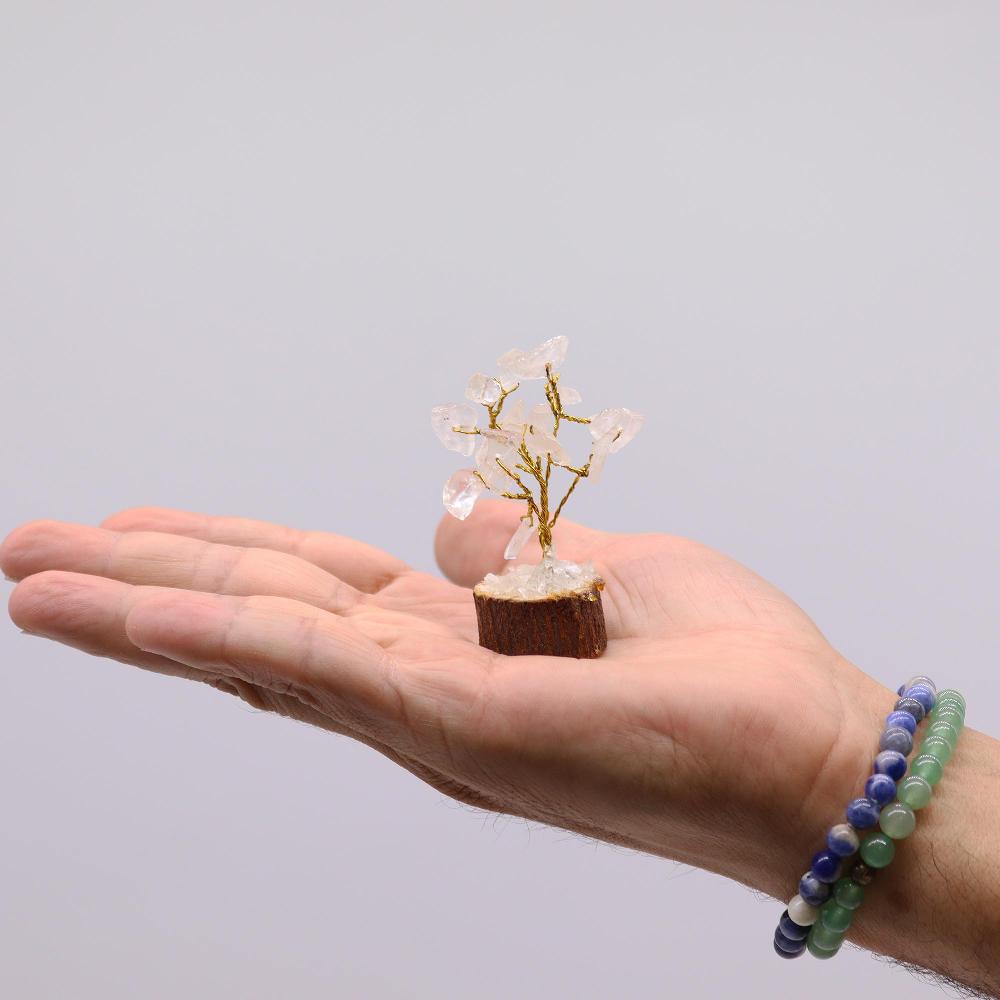 12x Mini Gemstone Trees On Wood Base - Rock Quartz (15 Stones)