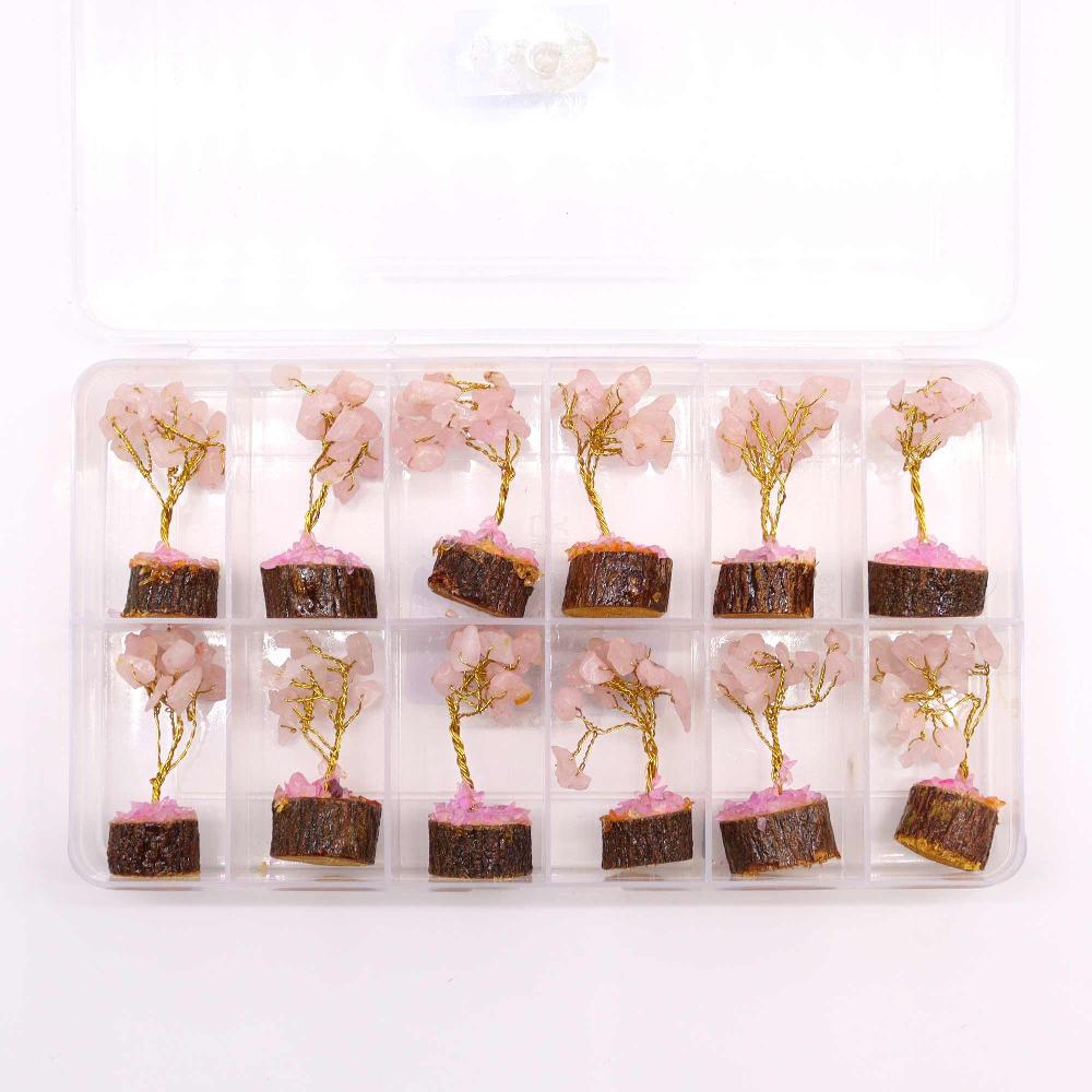 12x Mini Gemstone Trees On Wood Base - Rose Quartz (15 Stones)