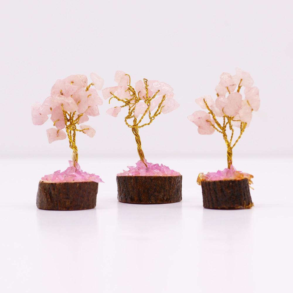 12x Mini Gemstone Trees On Wood Base - Rose Quartz (15 Stones)