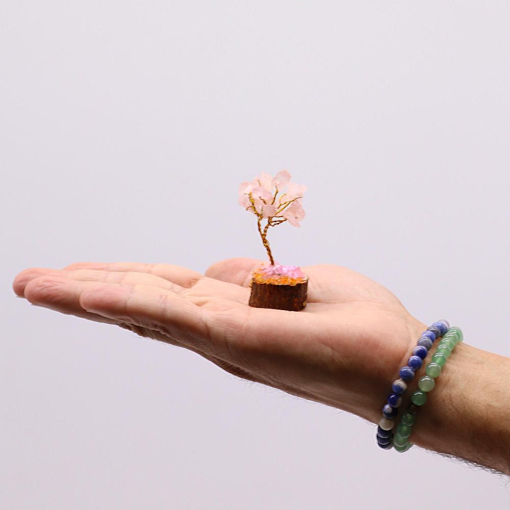 12x Mini Gemstone Trees On Wood Base - Rose Quartz (15 Stones)