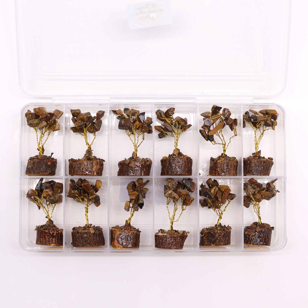 12x Mini Gemstone Trees On Wood Base - Tigereye (15 Stones)