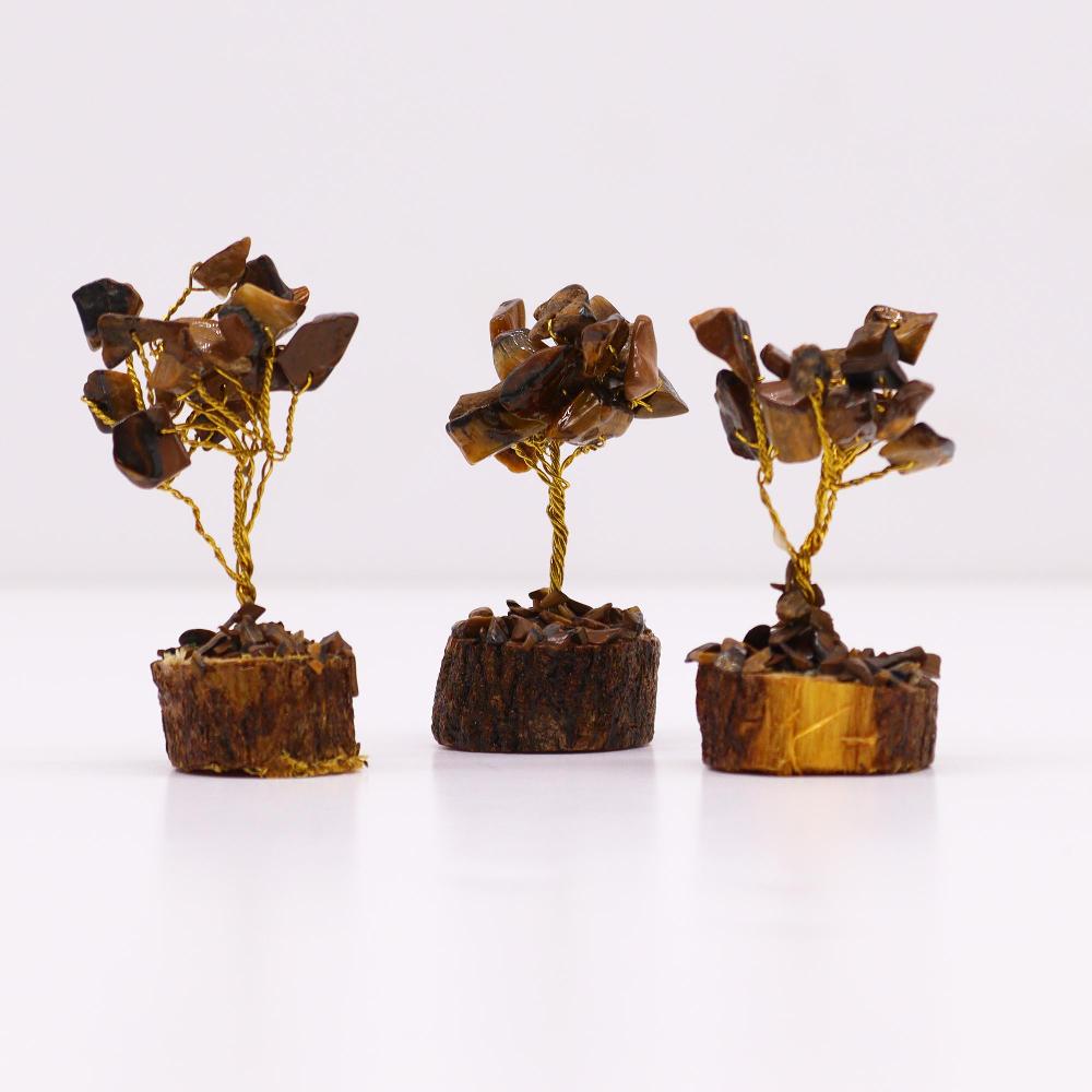 12x Mini Gemstone Trees On Wood Base - Tigereye (15 Stones)