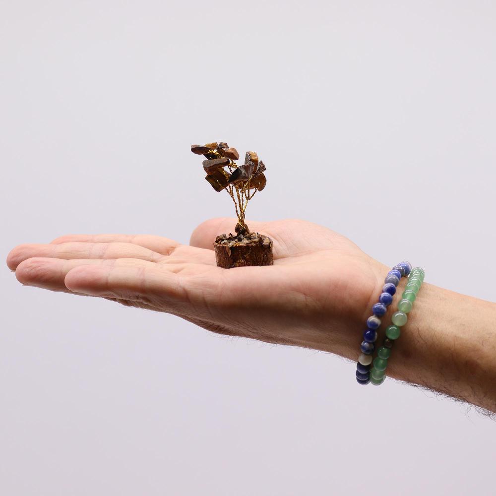 12x Mini Gemstone Trees On Wood Base - Tigereye (15 Stones)