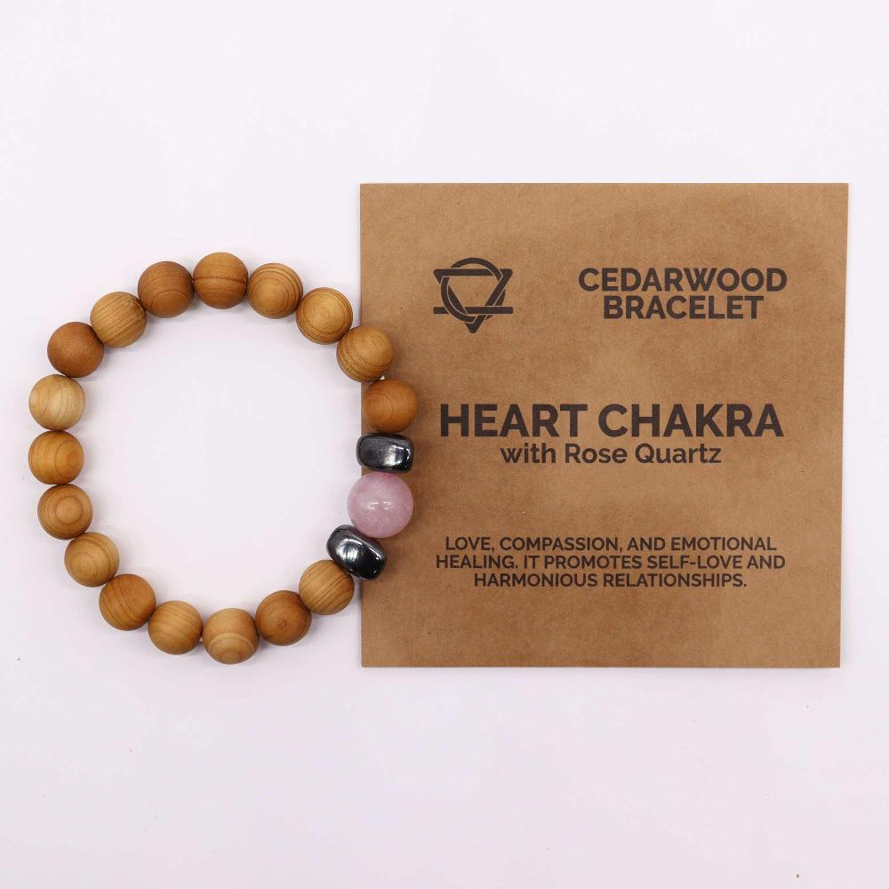 3x Cedarwood Heart Chakra Bangle With Rose Quartz