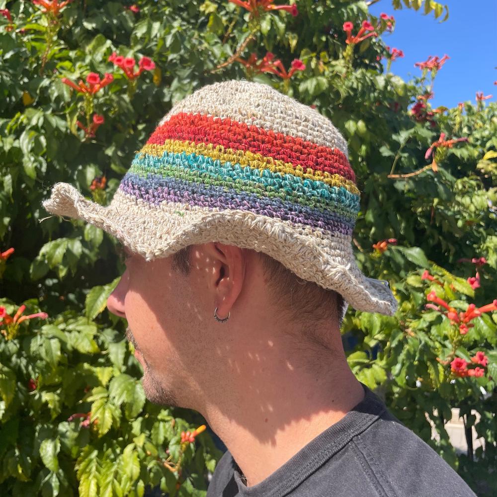 3x Hand-Knited Hemp & Cotton Boho Festival Hat - Rainbow