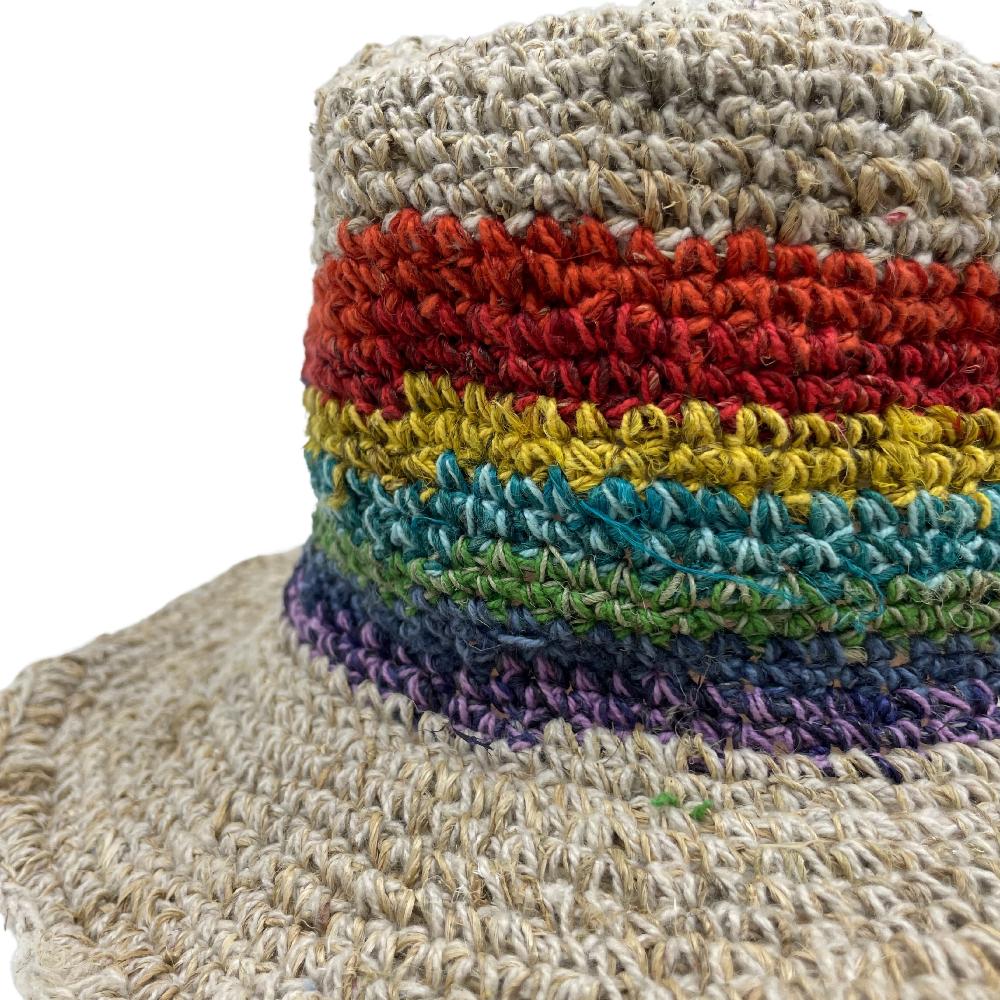 3x Hand-Knited Hemp & Cotton Boho Festival Hat - Rainbow